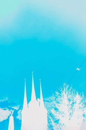 Silhouettes of famous Cathedral in Erfurt, Germany. Blue aqua color turquoise and white colors.の写真素材
