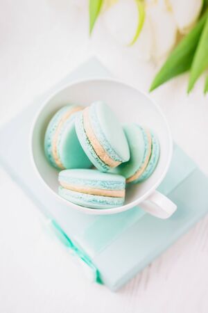 Mint color macaron or macaroon dessert with vanilla cream in glass. Pastel photo. Copy spaceの写真素材