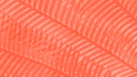Red coral color abstract panorama background with palm leaves patternの写真素材