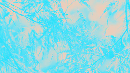 Abstract turquoise and peach color patchy panoramic background with floral patternの写真素材