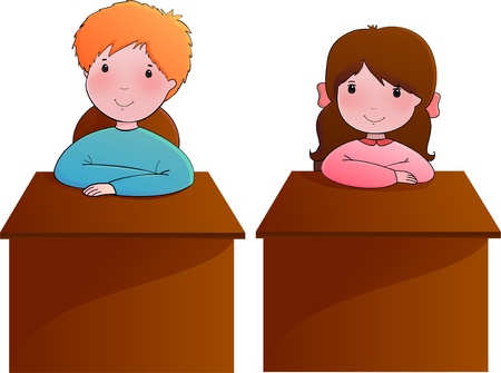 Cute vector illustration with boy and girl sitting at the school deskのイラスト素材
