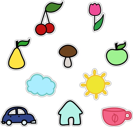 vector stickers like fruits sun cloud car flower cup mushroom home isolated on white backgroundのイラスト素材
