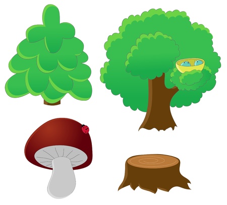 cartoon tree, mushroom, fir tree and stumpのイラスト素材