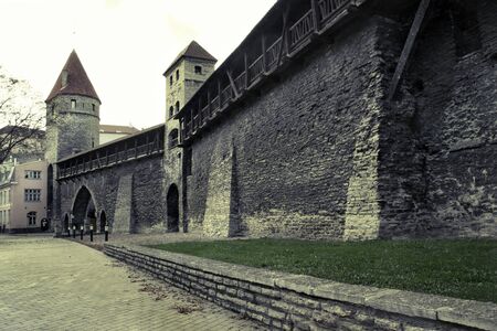 Street in the old town of Tallinn with an old stone wall. Growing grass. The walls are made of limestone. Tinted in yellow.の写真素材