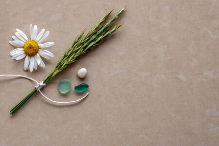 Flat view. Chamomile, green spikelets and colorful pebbles. Brown ceramic tile background. Place for text.の写真素材