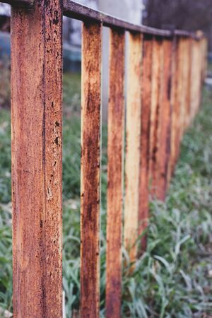 Old rusty iron fence in the grass. Brown rods are rusted and peeling. Selective focus on the first rack.の写真素材