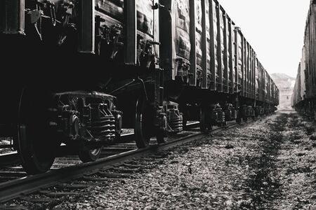 Freight wagons closeup on rails. Stylized black and white photo. A long train, many pairs of wheels with springs.の写真素材