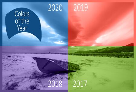 Colors of the Year, trend colors of last years. Abandoned boat in winter in the snow near a frozen river and a very beautiful sky with clouds. The hills are far away.の写真素材