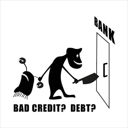 An evil banker with an ax drags the debtor to the bank. Bad credit? Interest loan. Funny cute silhouette creatures. Isolated Critters hand-drawn. All monsters are grouped.のイラスト素材