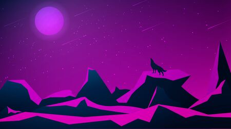 Futuristic polygonal night landscape with mountains and a wolf howling at the moon. Purple starry sky with moon and meteor shower. Vector illustration.のイラスト素材