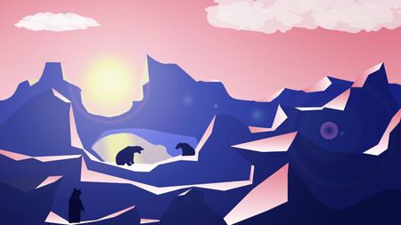 Polygonal mountain landscape with bears by the lake and sunset. Pink sky with a yellow sun. Many layers of mountains for parallax. Vector illustration.のイラスト素材