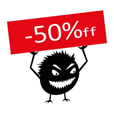 Funny monster holds a 50 percent discount sign. An evil creature for campaigning in online stores. Isolated vector.のイラスト素材