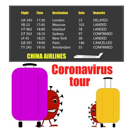The global coronavirus from China is spreading with tourists on airplanes. An evil red virus hides behind purple and yellow suitcases. Square vector.のイラスト素材