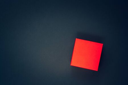 Flat lay. Red box on a dark blue background for a template with a logo or title. Layout for the...