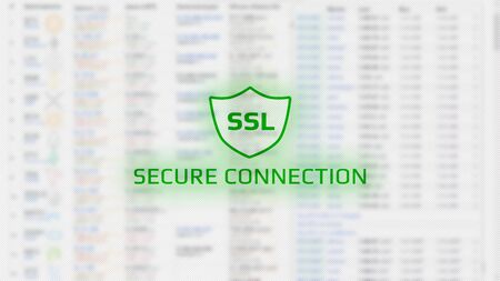 Screen concept with secure connections. Green text and shield icon with the letters SSL. Light...