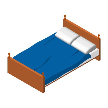 Isometric Double Bed. Brown wooden bed, white mattress and pillow. Blue blanket. Bedroom furniture. Vector EPS10.