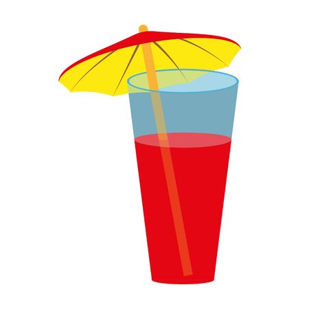 Red cocktail with a hawaiian umbrella isolated on white. Drink in a glass. The umbrella is red above and yellow below. Vector EPS10.のイラスト素材