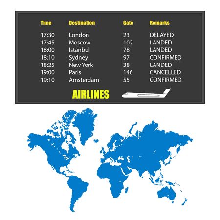 Information board with flight schedule and filled world map isolated on white. World map in blue. On the scoreboard text and plane. Vector EPS10.のイラスト素材