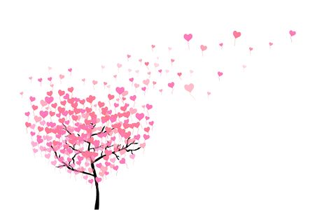A tree with flying leaves from balloons in the shape of hearts isolated on white. Pink hearts fly from a tree. Broken heart concept. Vector EPS10.のイラスト素材