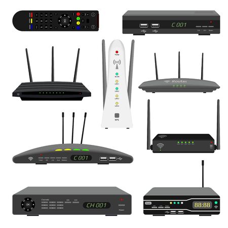 Set of realistic WiFi routers and digital television receivers. Satellite receiver and TV remote control. Devices for wireless distribution of the Internet. Vectorのイラスト素材