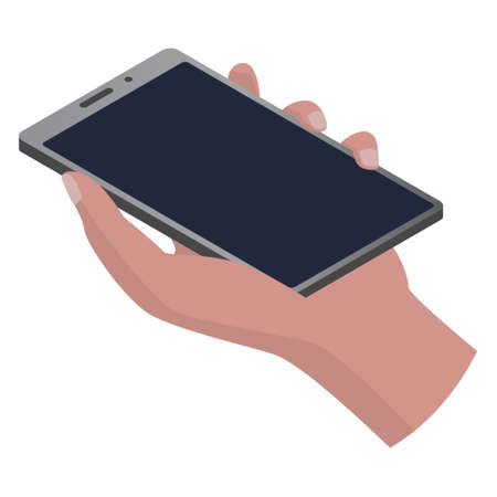 Isometric smartphone in hand isolated on white. Dark blank screen with copy space. The phone case is gray. Template for application or web site. Vector EPS 10.のイラスト素材