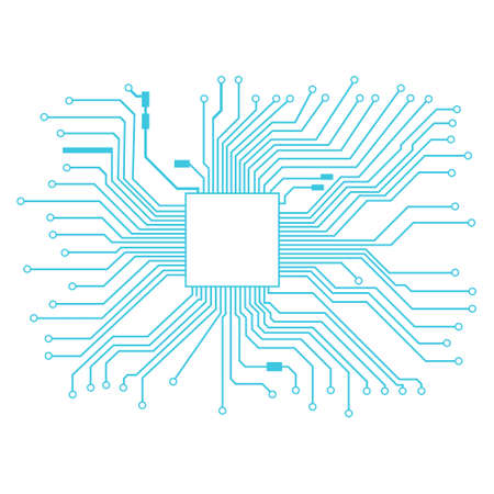 Blue circuit board with place for processor isolated on white. Lines with rings at the ends. Vector EPS 10.のイラスト素材
