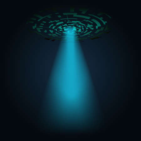 Digital abstract UFO with a ray of light shining down on a dark background. Ring geometric shape. Vector EPS 10.のイラスト素材