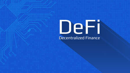 Defi - decentralized finance. An ecosystem of financial applications and services based on public blockchains. White lettering on a blue background with a printed circuit board. Vector EPS 10.のイラスト素材