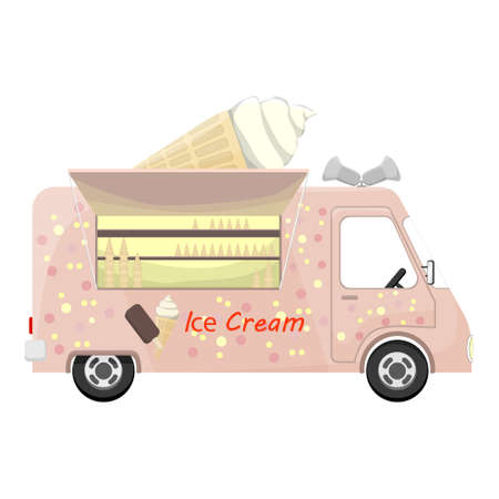 Ice cream bus in cartoon style isolated on white. The window is open. On the roof there is a large waffle cone and a loudspeaker. Vector EPS10.のイラスト素材