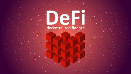 Defi - decentralized finance on a red abstract polygonal background. Red cube made up of many small ones. Financial applications and services on the public blockchain. Vector EPS10.のイラスト素材