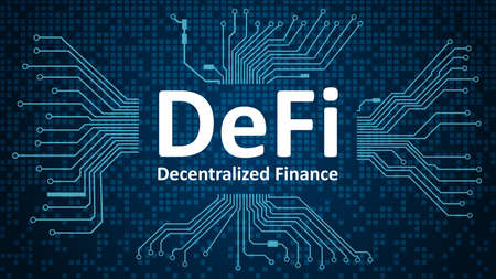 Defi - decentralized finance, white text on blue background with printed circuit board.An ecosystem...