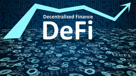 DeFi - decentralized finance with alt coin and up arrow symbol on dark blue background.