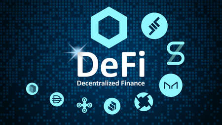 Defi - decentralized finance and alt coins in spiral. Logos of the main coins of the Defi sector on a blue background.のイラスト素材