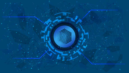 REN token symbol of the DeFi project in a digital circle with a cryptocurrency theme on a blue background. REN cryptocurrency icon. Decentralized finance programs. Copy space. Vector EPS10.のイラスト素材