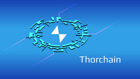 Thorchain RUNE isometric token symbol of the DeFi project in digital circle on blue background. Cryptocurrency icon. Decentralized finance programs.のイラスト素材
