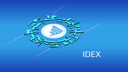 IDEX isometric token symbol of the DeFi project in digital circle on blue background. Cryptocurrency icon. Decentralized finance programs.のイラスト素材