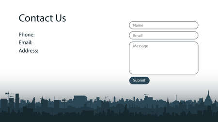 Contact screen concept for a website with multilayers city silhouette. Form of sending messages. Vector templates design for a construction company or business. UI, UX, GUI. EPS 10.のイラスト素材