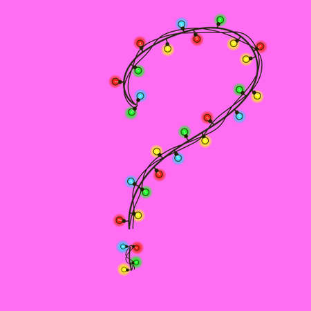 Christmas question mark from a garland isolated on pink. Colored light bulbs on wires. Handwritten...