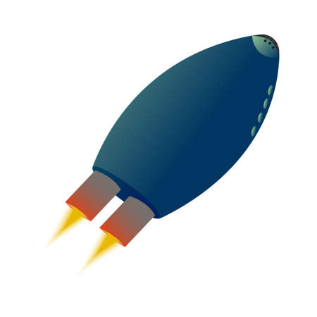 Flying spaceship isolated on white. Space shuttle with red-hot engine and flame.のイラスト素材
