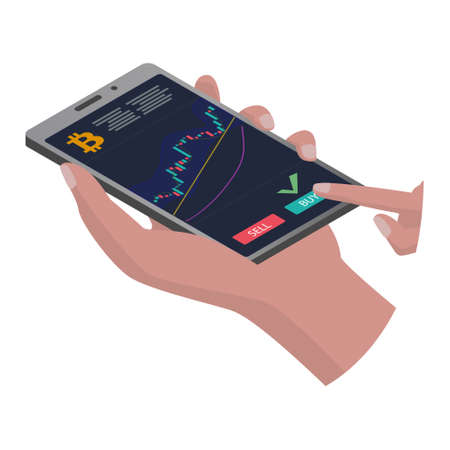 Isometric smartphone in hand with a chart of bitcoin that goes up isolated on white. The finger presses the buy button. The phone case is gray. Template for application or web site. Vector EPS 10.のイラスト素材