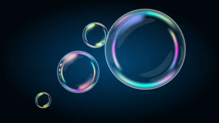 Rainbow soap bubbles on a dark background with copy space. Large and small air bubbles. Vector...