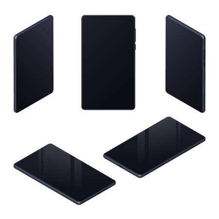 Set of isometric realistic mobile phones with black blank screen for presentation of UI, UX, App isolated on white. For mockups and website templates. Vector illustration.のイラスト素材