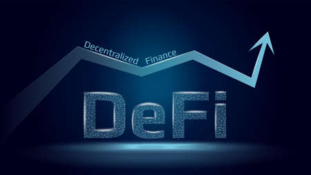 Text Defi decentralized finance and up arrow in polygonal wireframe style on dark blue background....