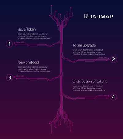 A roadmap for a cryptocurrency or digital technology site on red background. Vertical PCB tracks with numbers and copy space. Vector illustration.のイラスト素材