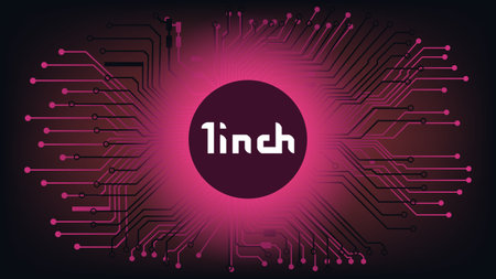 1 inch cryptocurrency stock exchange name on abstract digital background with pcb tracks. Crypto stock market for news and media.の写真素材