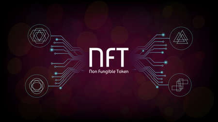 NFT non fungible tokens infographics with pcb tracks and unique tokens on dark background. Pay for unique collectibles in games or art. Vector illustration.のイラスト素材