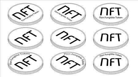 Set of isometric outline coins NFT non fungible tokens isolated on white. Pay for unique collectibles in games or art. Vector illustration.のイラスト素材