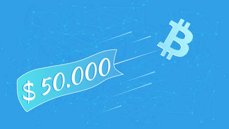 Bitcoin BTC flies with sticker 50000 dollars on blue abstract polygonal background. Vector...