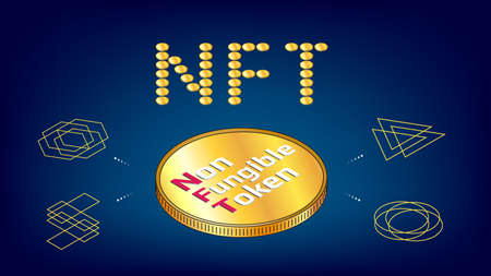 NFT word from golden coins non fungible tokens infographics with big isometric coin on blue background. Pay for unique collectibles in games or art. Vector illustration.のイラスト素材