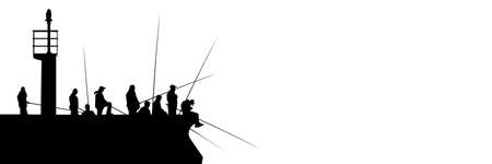 Silhouettes of fishermen with fishing rods on pier with lighthouse isolated on white. Lots of people with long fishing rods with copy space.のイラスト素材